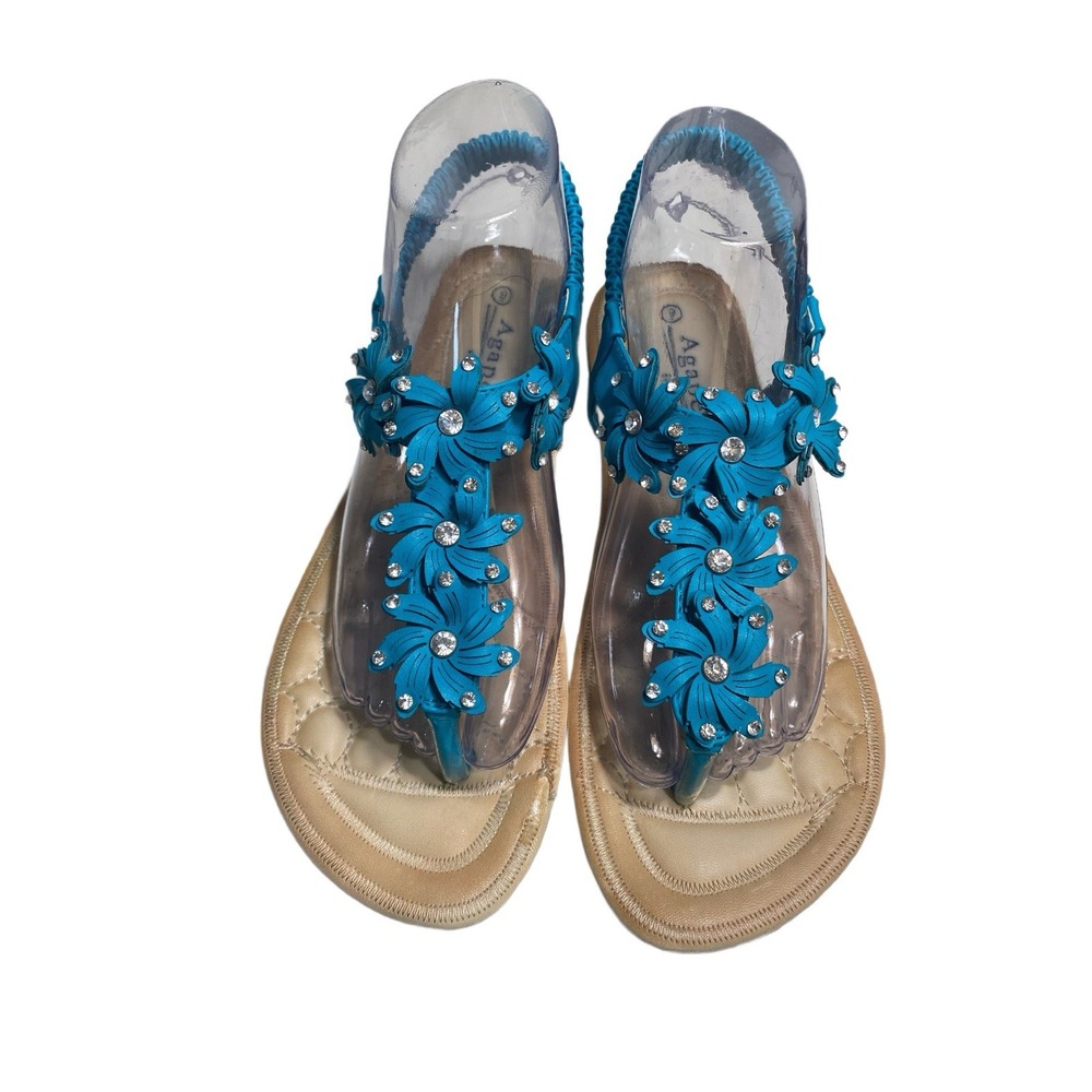 AGAPE‎ Turquoise Floral Sandals Size 9 Elastic Back - Summer Vacation Cruise